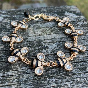 Gold Tone Crystal & Enamel Bumble Bee Bracelet NEW